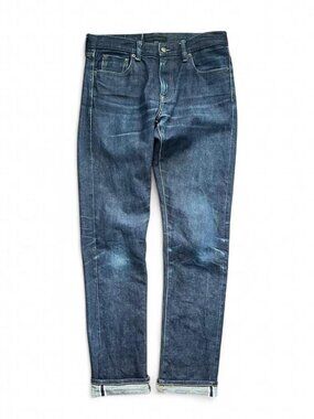 Uniqlo Selvedge Slim Dark Wash Denim Jeans 32x33 Whiskered Faded